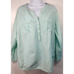 Talbots Women 1X Linen Blend Mint Green Henley Tunic Top Pockets